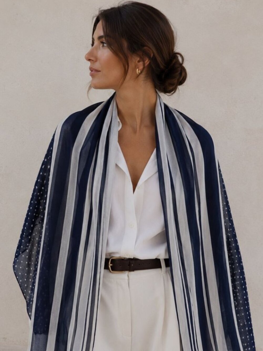 Crisca Escada  Navy Stripe Polka Dot Scarf Sheer Lightweight Wrap Shawl Tassel